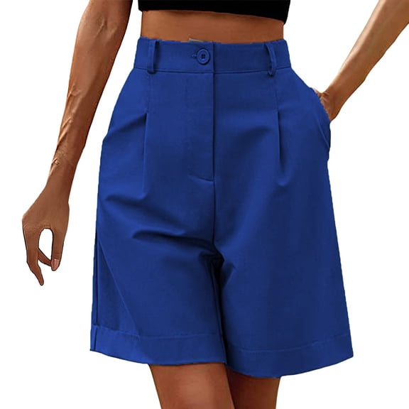 Landzoo Women'S Shorts Solid Color Zip Front With Pockets Summer Breathable Women Shorts Size L Blue