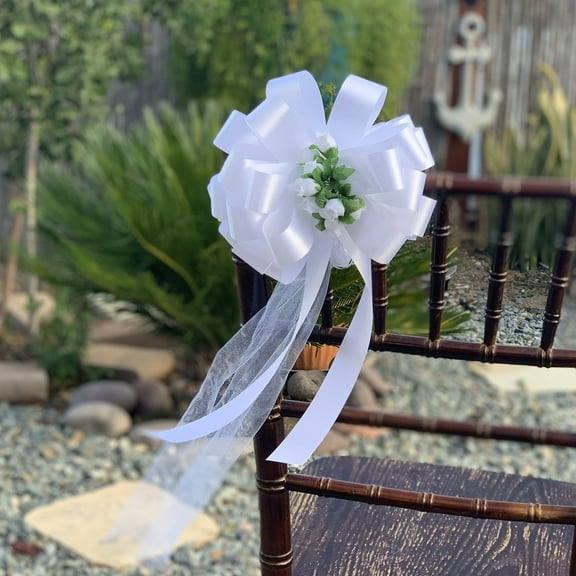 White Wedding Pull Bows with Tulle Tails and Rosebuds - 8" Wide, Set of 6, Anniversary, Bridal Shower