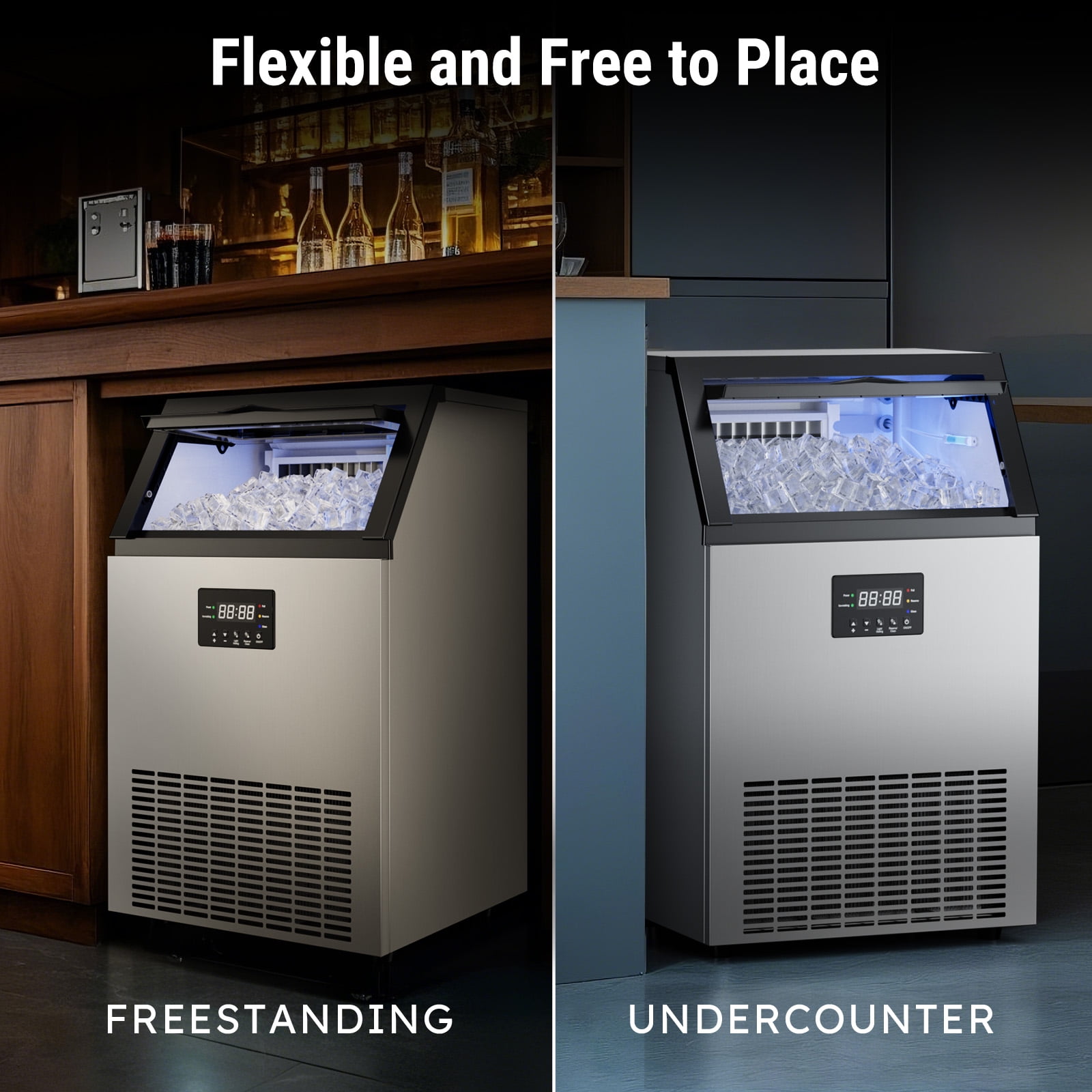 Commercial Ice Maker Machine 100Lbs/24H with 33 Lbs Storage Bin, Freestanding/Countertop Ice Maker Machine - 33 Lbs Storage Bin