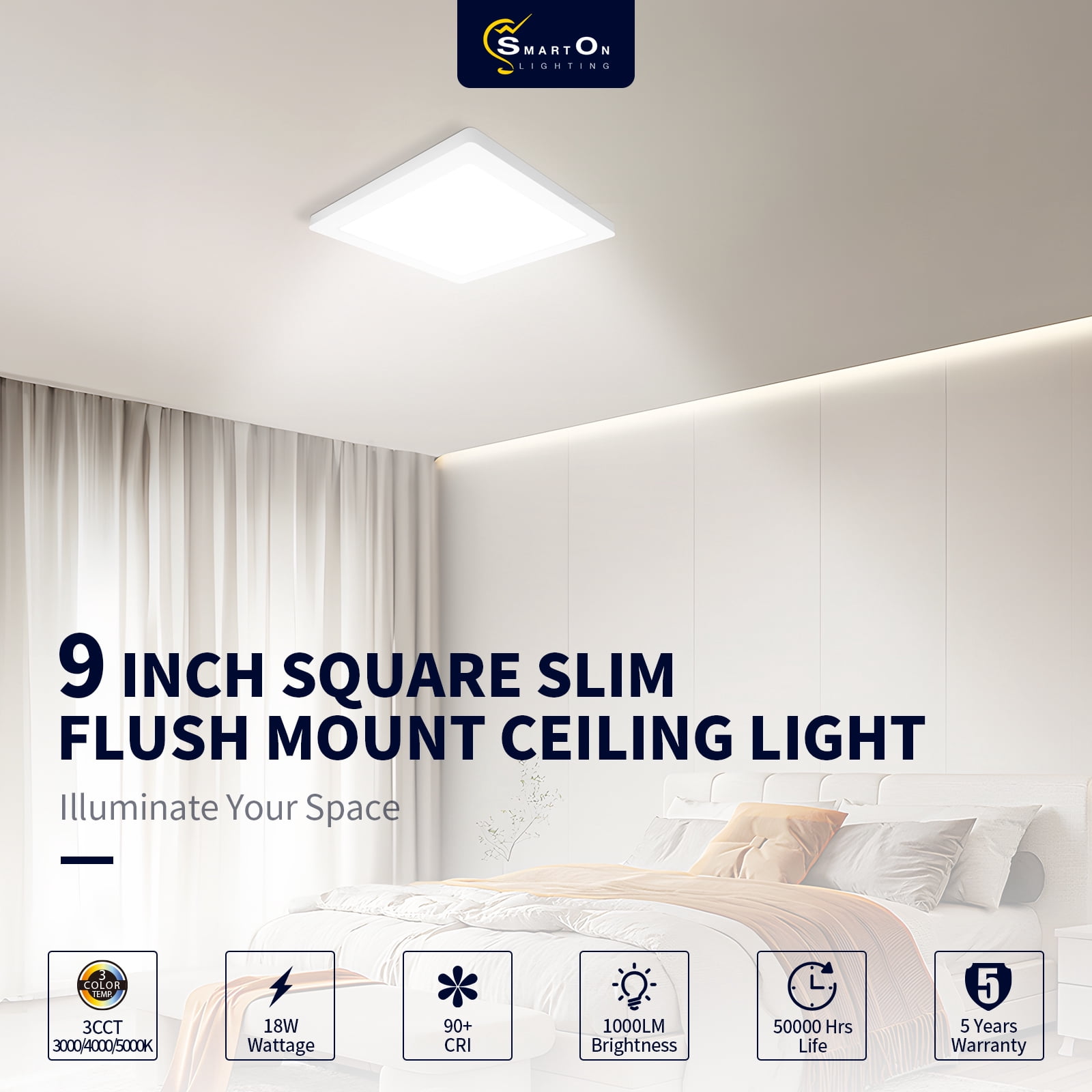 9 Inch LED Square Slim Flush Mount Ceiling Light, 3000k/4000k/5000k, 18W, 1260LM, Dimmable, Damp Location for Bedroom, Kitchen, Office,Closet,Laundry Room (1, 9 inch)