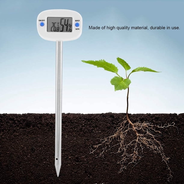 medidor de humedad de temperatura Mini medidor de humedad de temperatura del suelo electrónico Probador de humedad de temperatura para plantas de jardín Suelo 17 * 4.4 * 3 cm Blanco