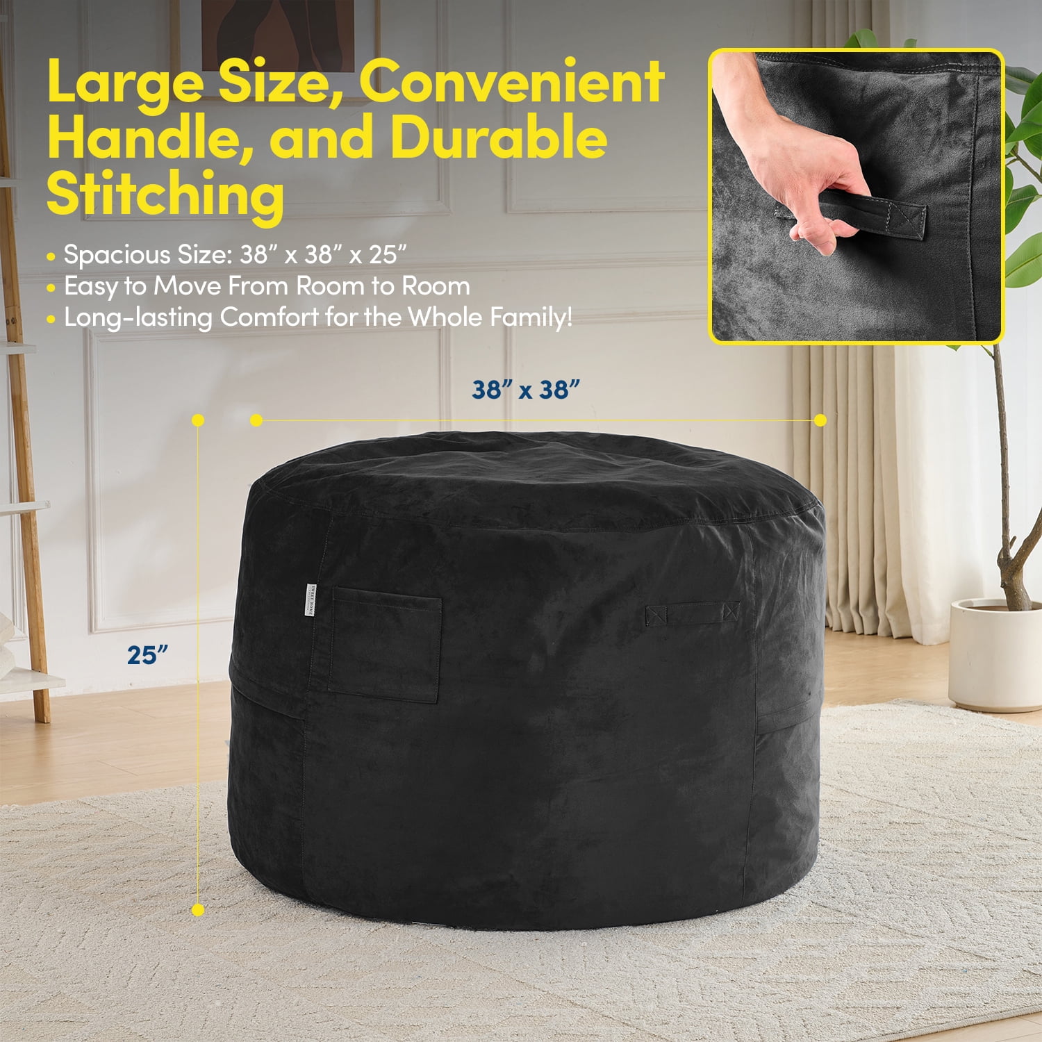 3FT Bean Bag Chair, Adults Foam Round Big Sofa Bean Bag for All Ages, Removable Velvet Cover, Black