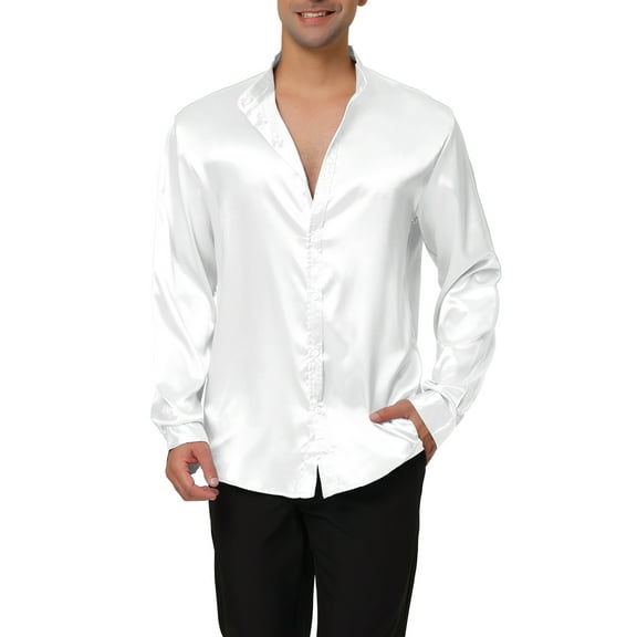 Lars Amadeus Men's Satin Band Collar Long Sleeve Slim Fit Solid Dress Shirts
