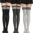 thumbnail image 3 of 3 Pairs Over Knee Thigh Socks Knee-High Warm Stocking Women Boot Sock Leg Warmer High Socks for Daily Wear, Cosplay(Black,Striped), 3 of 6