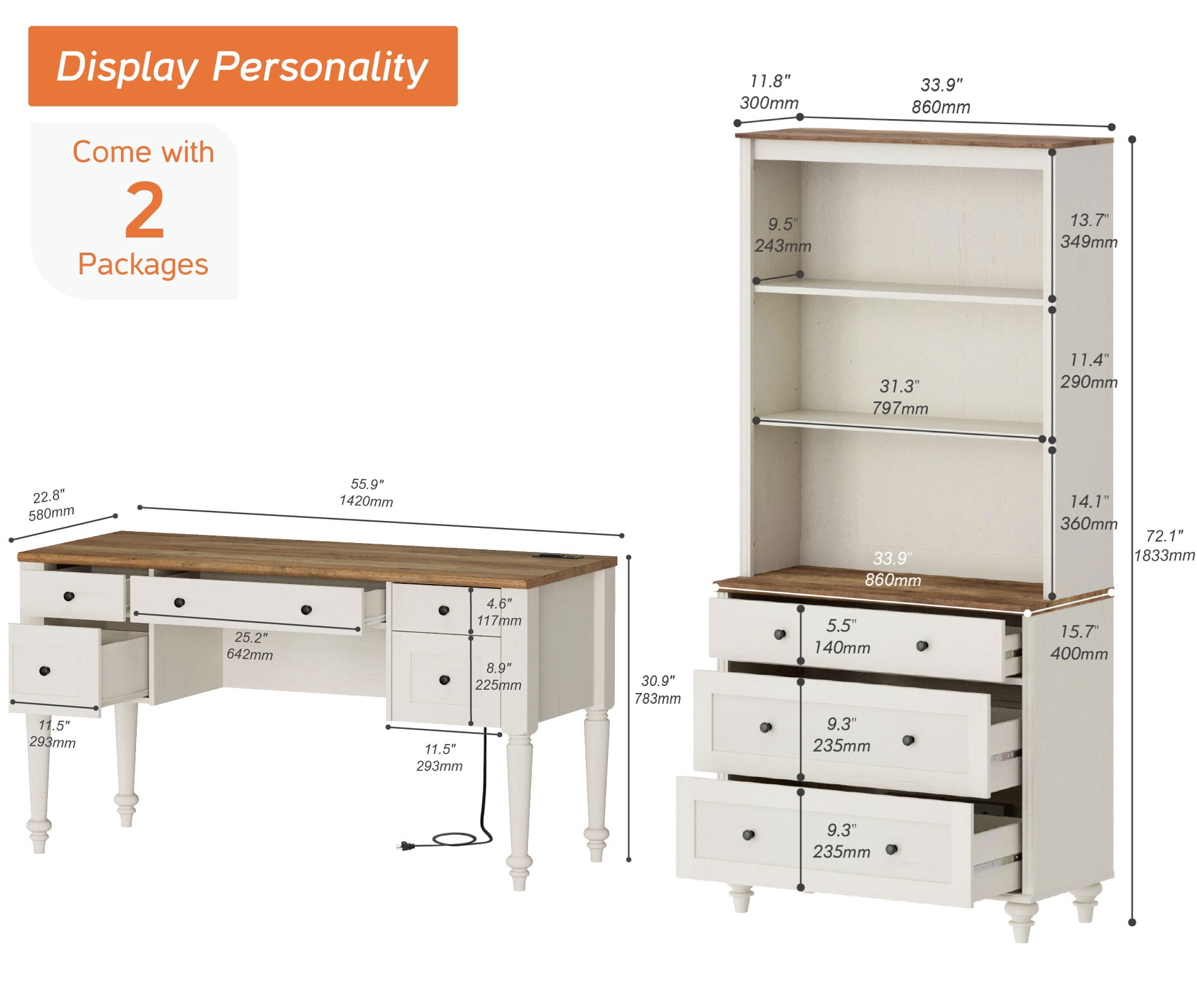 White Home Office Furniture Set, 56" Executive Desk with Charging Station, 72" Tall Bookcase with 3 Drawers, Wood Computer Desk with File Cabinet Storage, Open Shelf