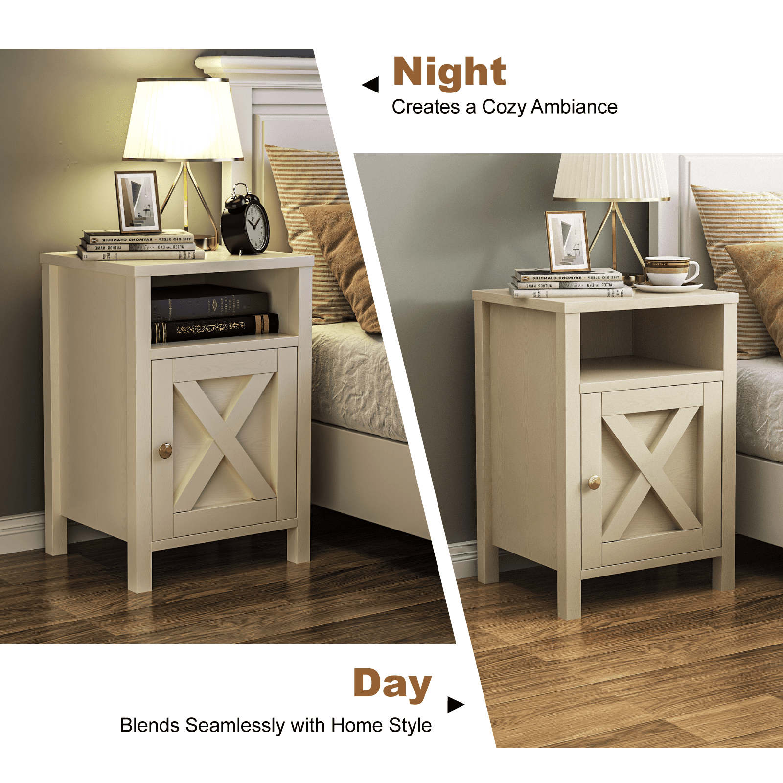 EVOKEDEN Farmhouse Nightstands Set of 2, Rustic Vintage Side End Table w/ Storage & Barn Door for Bedroom Living Room, Beige