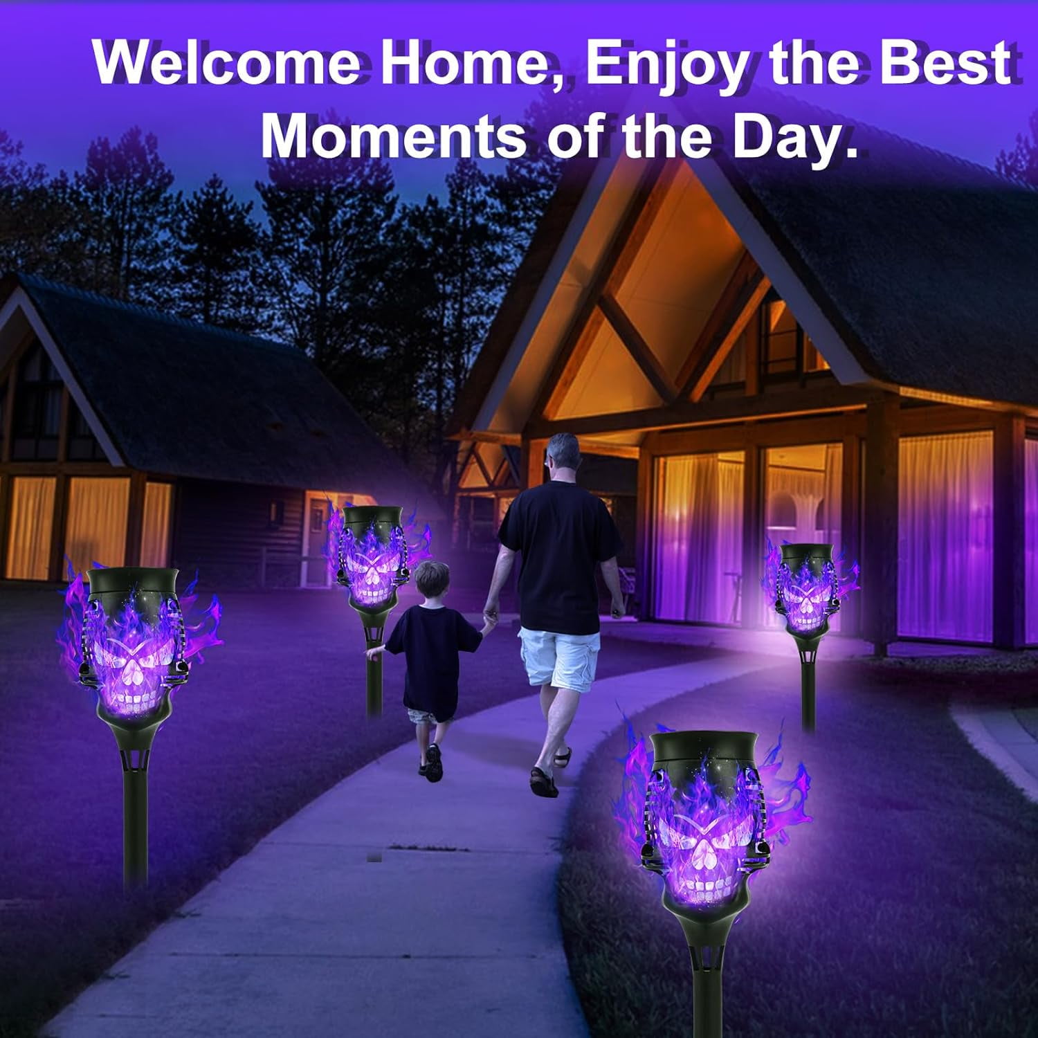 Spooky Skulls Solar Torch Lights - 8-Pack Flickering Flame Torches for Enchanting, Waterproof Outdoor Solar Powered Lighting, for Pathways, Garden, Yard, Halloween Decor, Black Purple-Lights