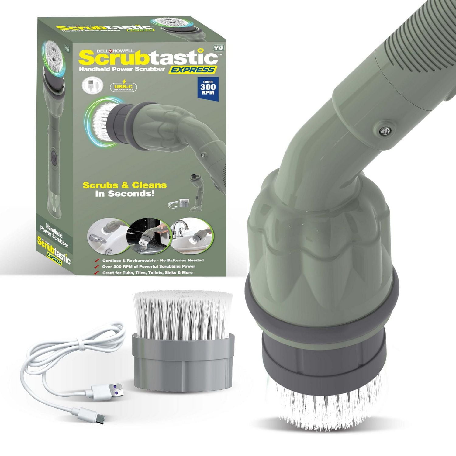 Bell + Howell Scrubtastic Express Olive Green Rechargeable Handheld Power Scrubber – Cordless Bathroom Cleaner