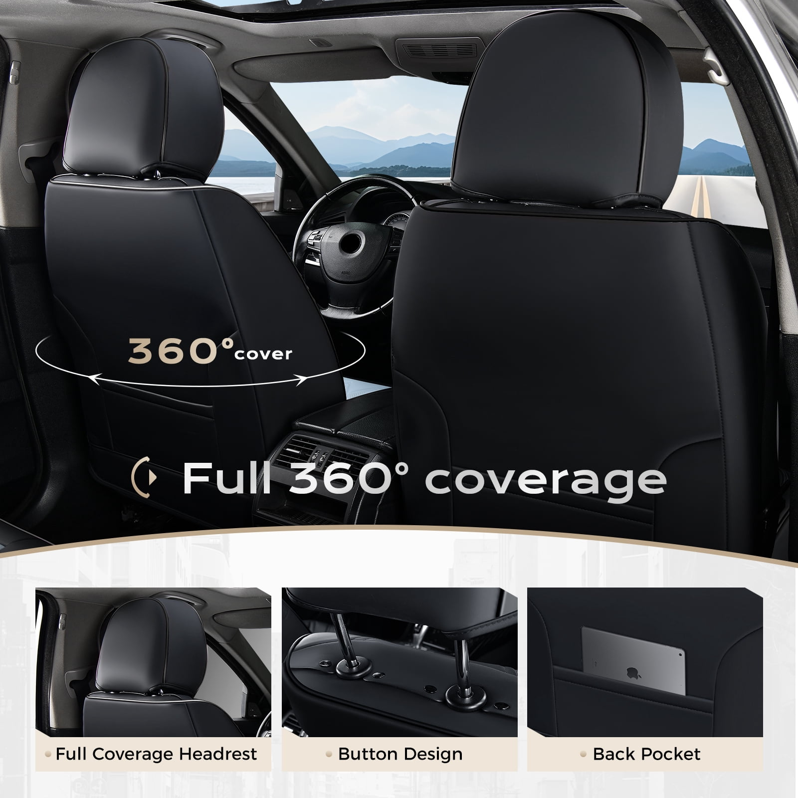 Coverado Full Set Covers For Cars, Waterproof Faux Leather Front and Rear Seat Protectors, Auto Cushions Universal Fit for Most Cars, Black&Blue