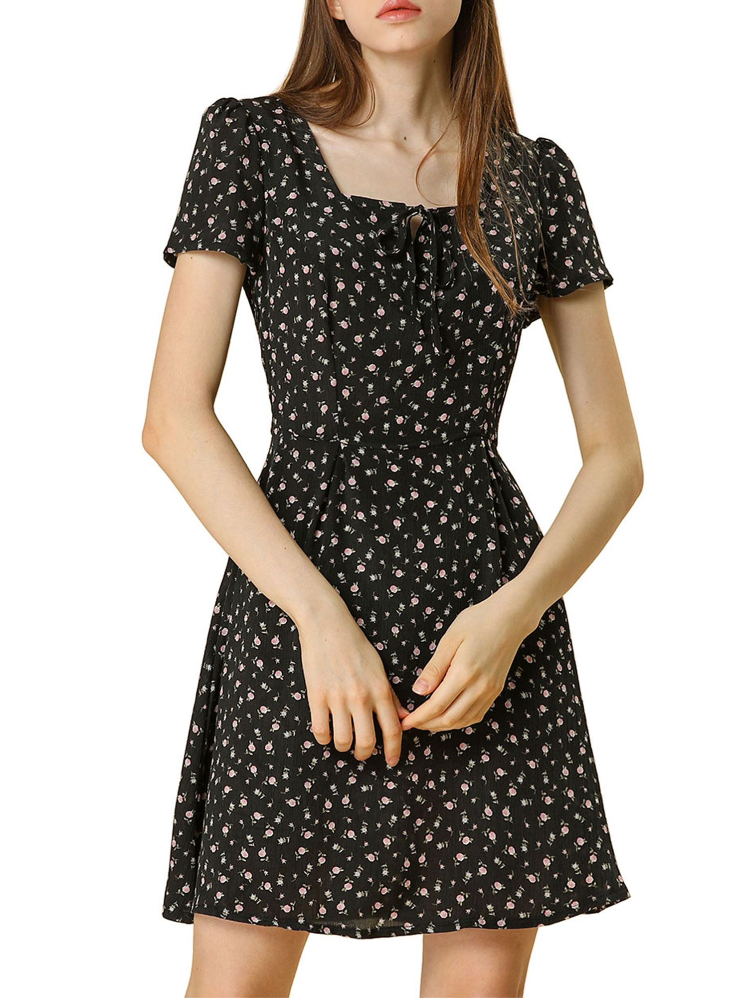 DARING DIVA Square Neck Short Sleeve Print A-Line Dress XL Black-Floral