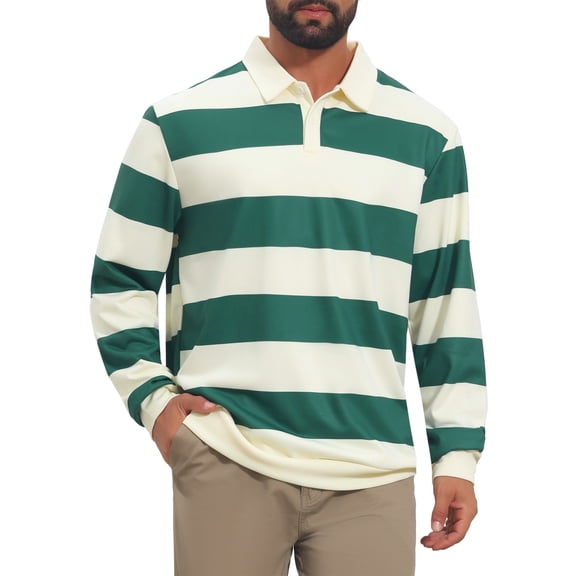 INSPIRE CHIC Men's Stripe Polo Shirt Long Sleeve Casual Contrast Golf Shirts M Green