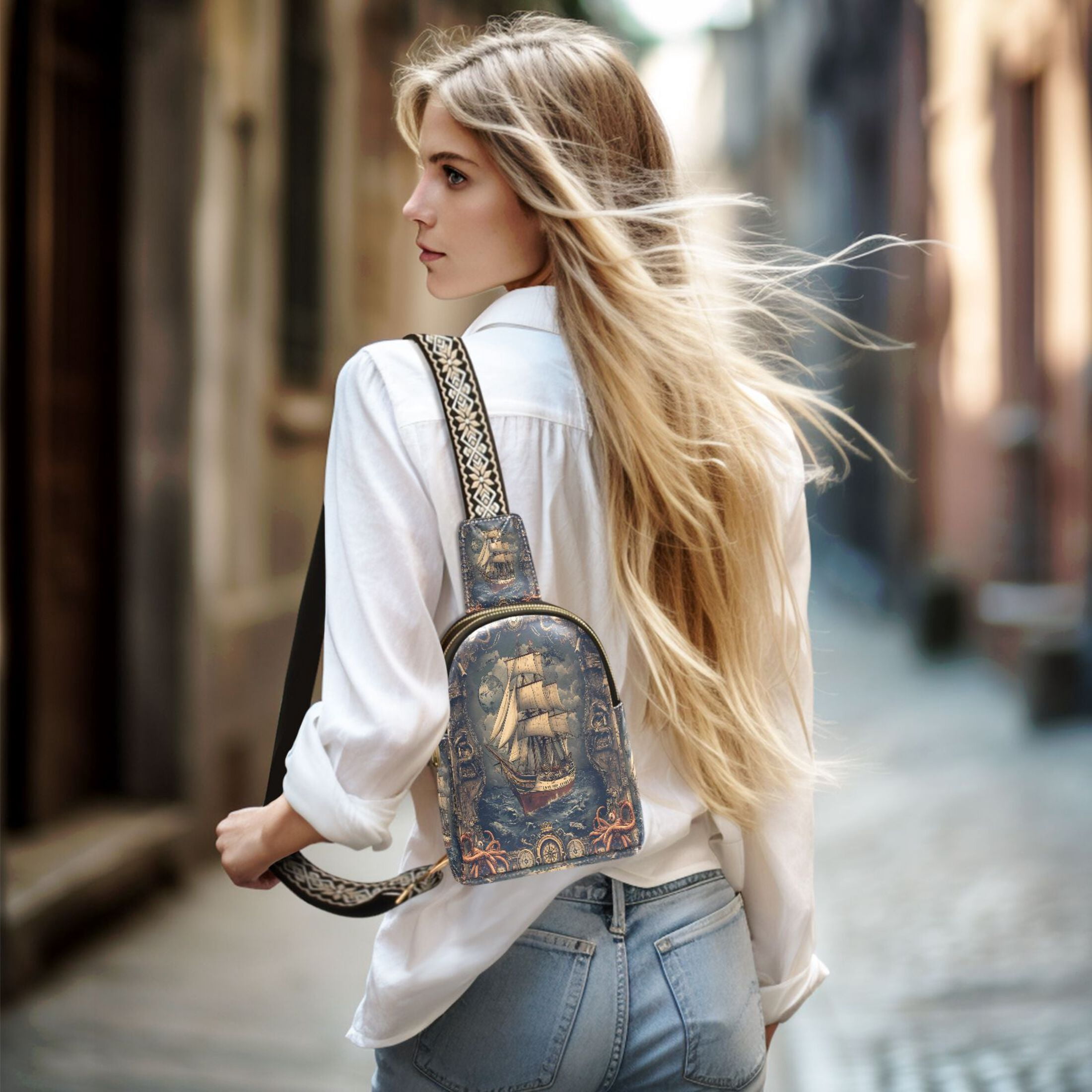 ALAZA Vintage Sailboat Sling Bag for Women Men Waterproof Crossbody Chest Bags