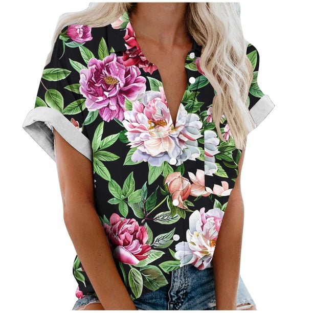Lata de Agua para Plantas, Flores Casuales de Moda Y Plantas Impresas Camiseta de Manga Corta Top Hecha de Poliéster Ligero para Mujeres, Pantalones Cortos de Mujer