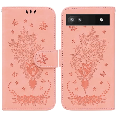 TECH CIRCLE Google Pixel 6A 5G Wallet Case,Rose Embossed Premium PU Leather Magnetic Handbag Pocket Card Slots with Wrist Strap Flip Kickstand Shockproof Case for Google Pixel 6A 5G 6.1 inch 2022,Pink
