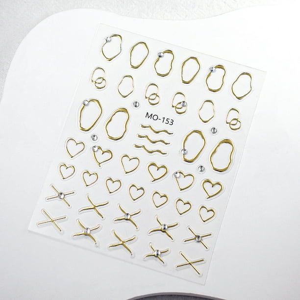 Pegatinas para uñas Línea de diamante de cristal en relieve Corazón hueco de diamante Borde de marco de metal irregular Pegatinas francesas doradas y plateadas