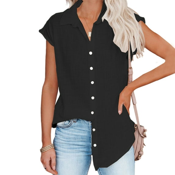 Blouses for Women Short Sleeve Shirts, Askfv V Neck Solid Color Blouse Button Down Casual Tops