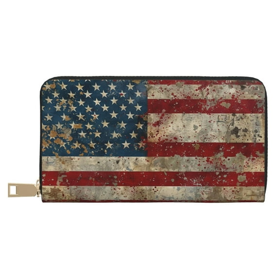 Leather Thin Slim Wallets for Women Men - American Flag1 Clutch Card Wallet for Women Men with Zipper