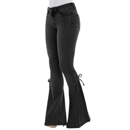 Womens Vintage High Waisted Flared Bell Bottom Jeans Trendy Stretch Denim Pants Trousers Classic Casual Long
