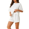 thumbnail image 4 of INSPIRE CHIC Women's Lounge Outfits Casual Round Neck Shorts Sleeves Ribbed Tops with Shorts Pajama Sets XS White, 4 of 6