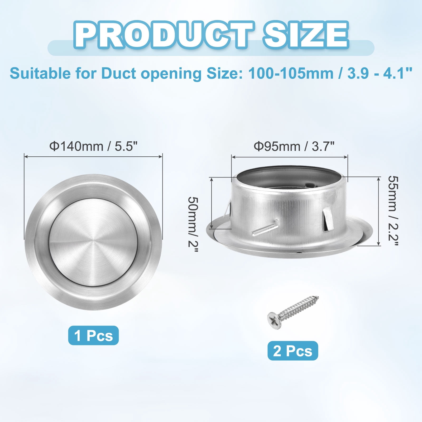 Uxcell 1Set 4 Inch Round Ceiling Diffuser, 304 Stainless Steel Adjustable Wall Air Vent Diffuser Vent Duct Cover Exhaust Supply for Kitchen Bathroom Garage, Silver