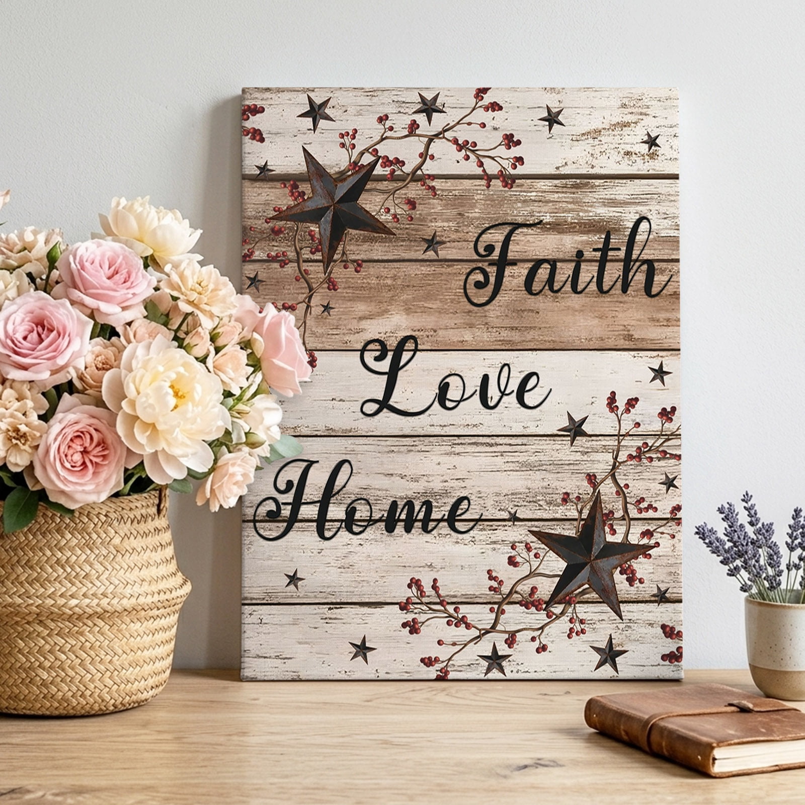 Retro Country Stars Canvas Wall Art for Living Room, Faith Love Home Berries Farmhouses Wood Grain Poster Print Painting for Bedroom Office Home Decoration Wall Pictures Prepare To Hang 12"x12"