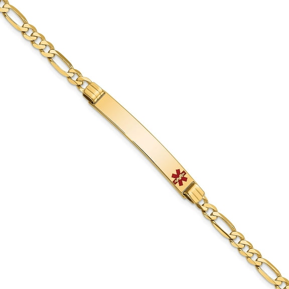 14K Yellow Gold Medical Red Enamel Figaro Id Bracelet (7 X 6.5) Made In United States xm565fr-7