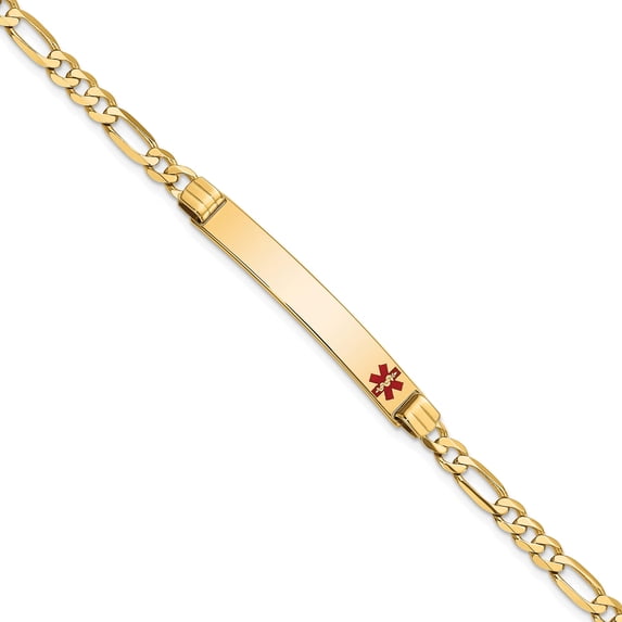 14K Yellow Gold Medical Red Enamel Figaro Id Bracelet (7 X 6.5) Made In United States xm565fr-7