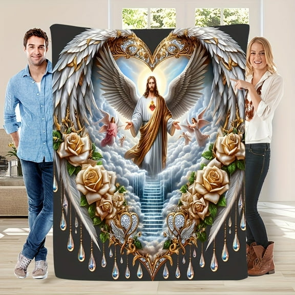 Angel & Divine Heart Spiritual Flannel Throw Blanket Red Retro Religious Design with Golden Accents All-Season Quilted Comfort & Tear-Resistant for Sofa