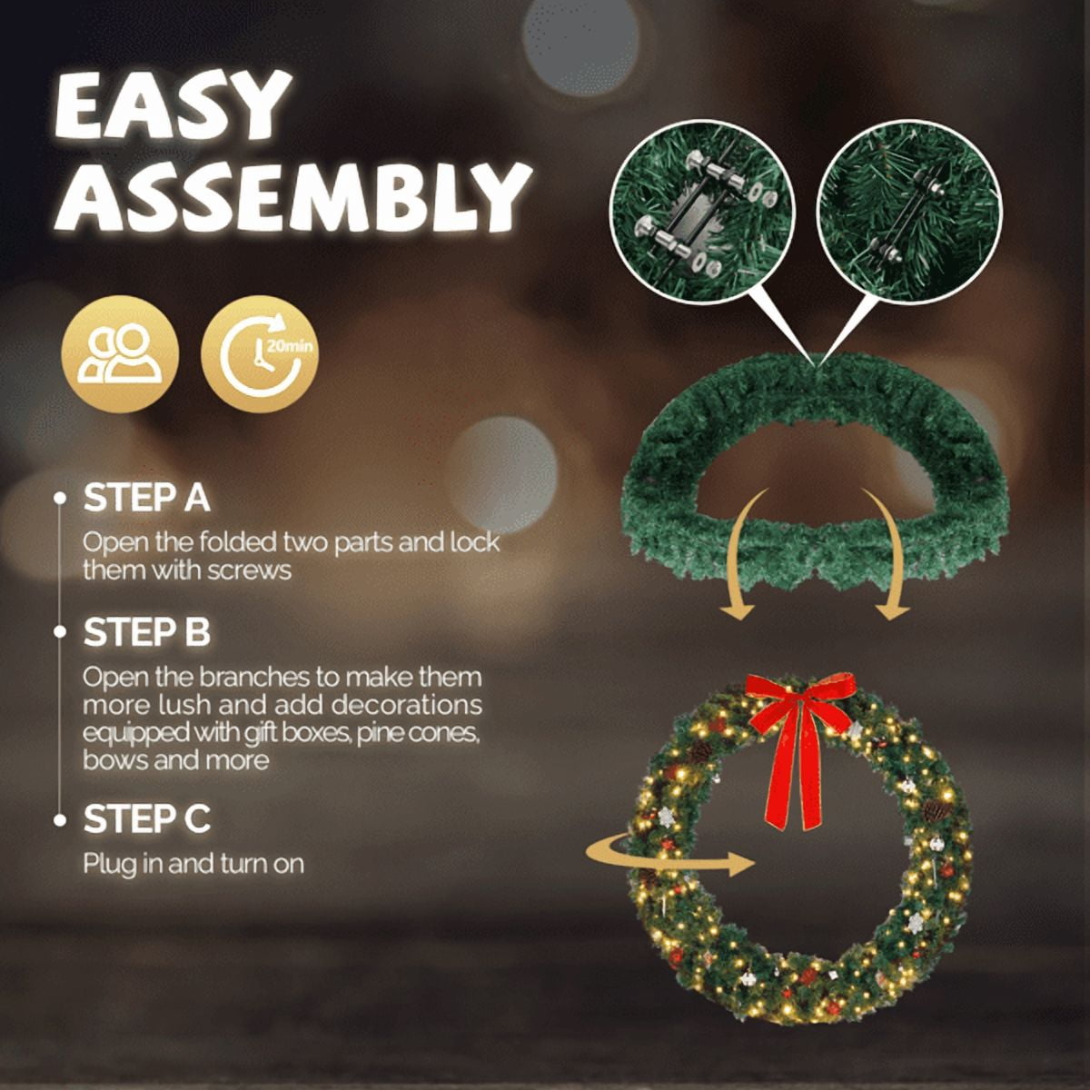Alvantor 48-Inch Pre-Lit Christmas Wreath with 150 LED Lights, 450 Tips, Red Bow and Remote, Green