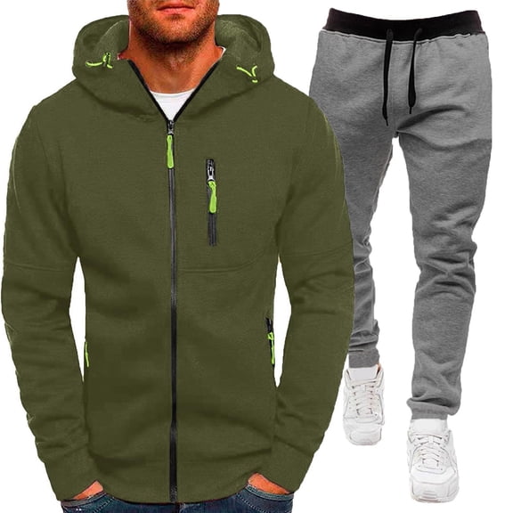 Curuila Sweatsuits Mens 2 Piece Outfit With Pocket Zipper Long Sleeve Solid Color Hooded Sweatshirt With Sweatpants Loose Fit Comfort Tracksuit Size L