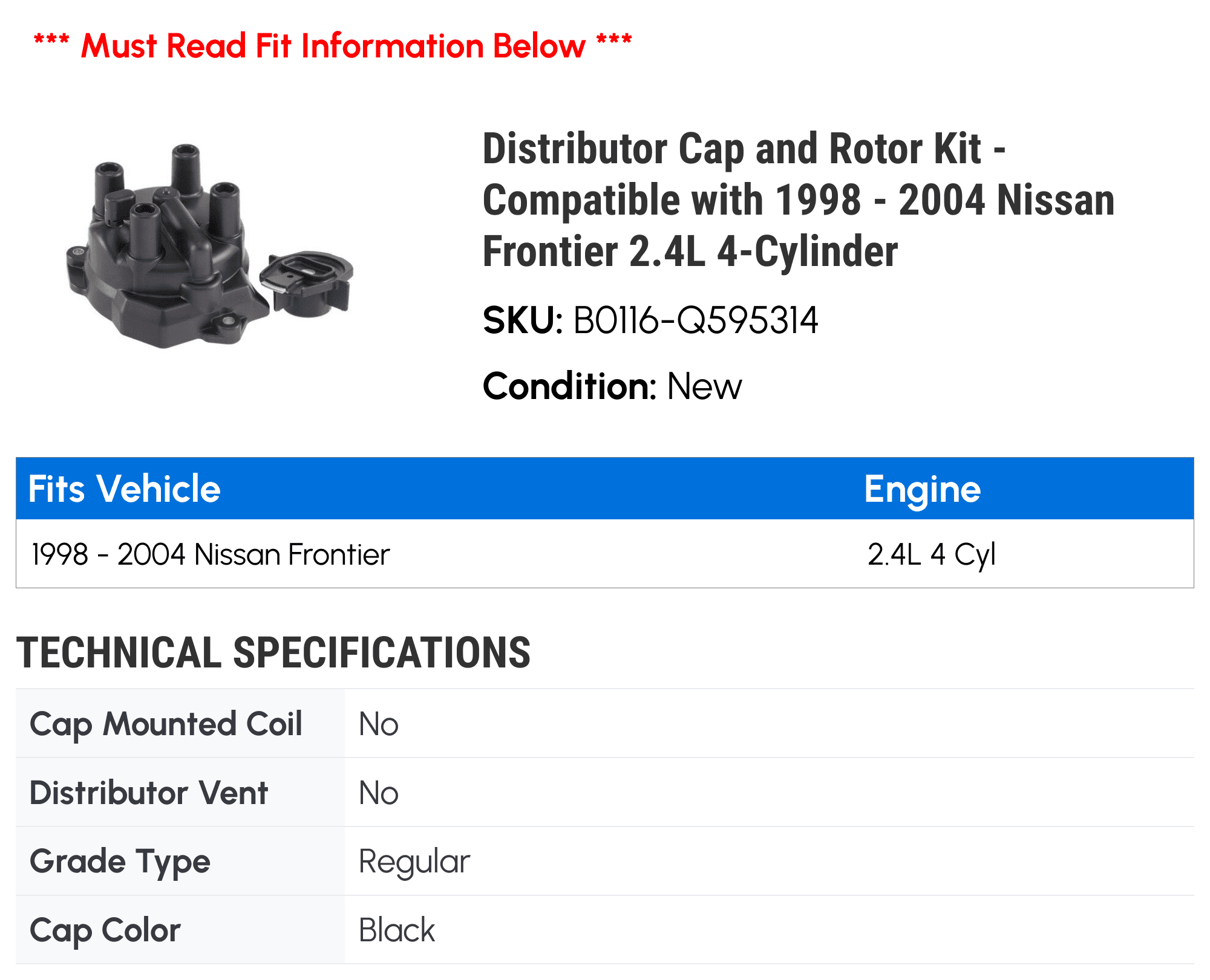 Distributor Cap and Rotor Kit - Compatible with 1998 - 2004 Nissan Frontier 2.4L 4-Cylinder 1999 2000 2001 2002 2003