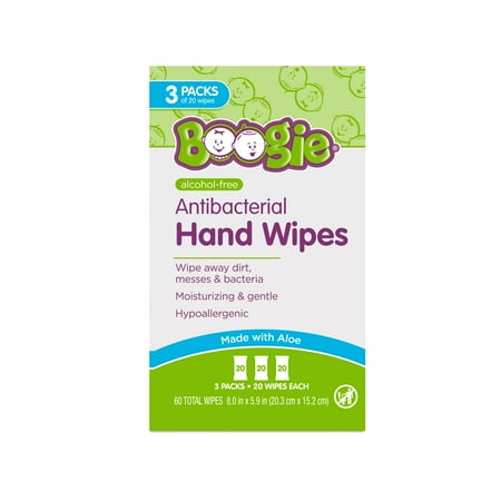 Boogie Hands Antibacterial Hand Wipes for Kids, 3 Resealable Packs (60 Total Wipes)
