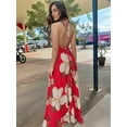 thumbnail image 3 of Women Boho Halter Maxi Dress Floral V Neck Sleeveless Loose Fit Backless Irregular Hem Long Holiday Vacation Dress Big Red Flowers L, 3 of 5