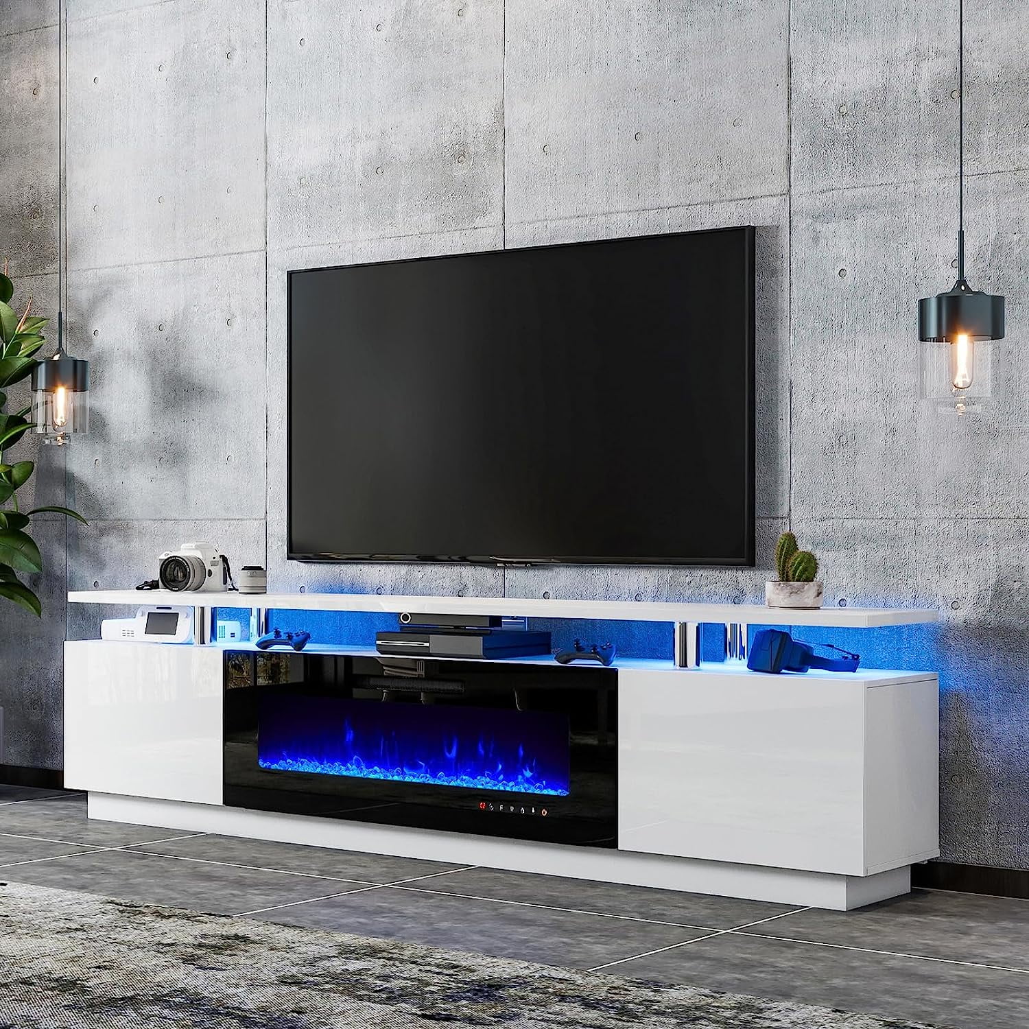LUXOAK 80" Fireplace TV Stand, Modern High Gloss Finish Media Console with 40" Electric