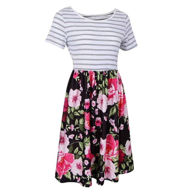 Tachiuwa Robe T-Shirt à Manches Courtes Imprimé Floral Rayé Col Rond Taille Haute pour Femmes - 3, m m