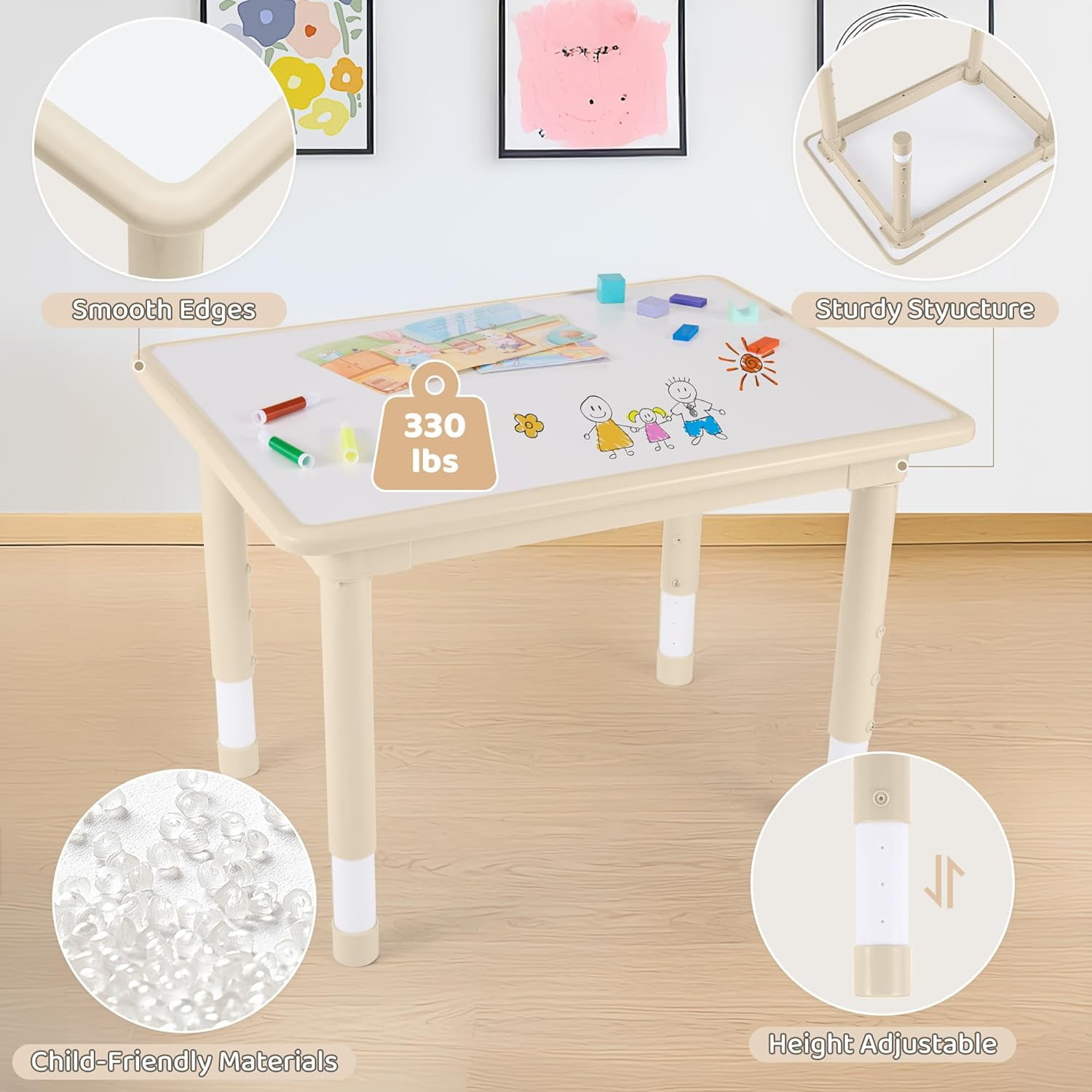 Kids Table and 4 Chairs Set, Height Adjustable (17.7"-26.1") Toddler Table and Chair Set, Multi-Activity Table with Graffiti Desktop, Children’s Table and Chairs for Classroom, Home & Daycare