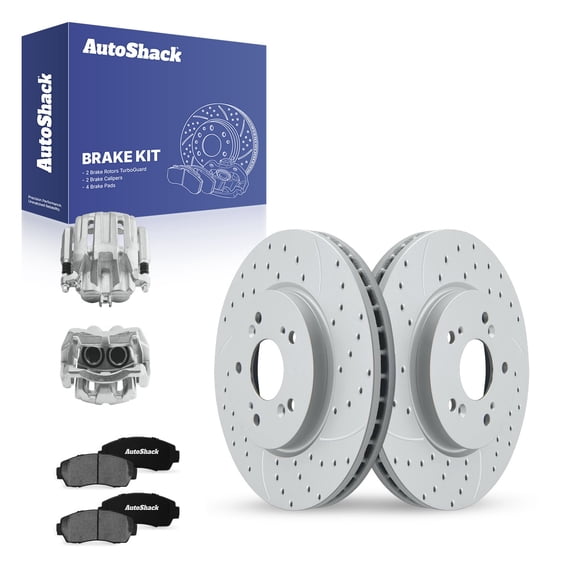 AutoShack Front Vented Drilled & Slotted Coated Brake Rotors Silver Matte Finish   Ceramic Pads   Calipers 8-PC Brake Kit Replacement for 2007-2011 Honda CR-V TurboGuard 11.65" (295.8 mm)