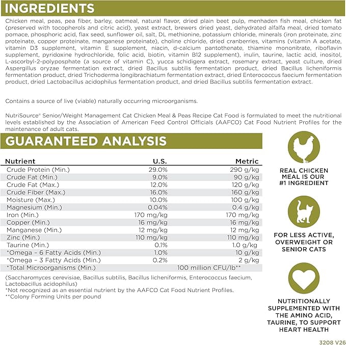 Nutri Source 125105 12 lbs Senior Weight Management Chicken & Peas Cat Food - MP80