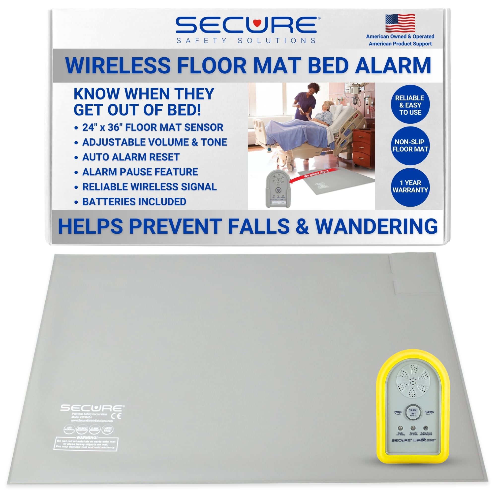 Secure Safety Solutions Wireless Bed Alarm for Elderly Adults - 24"x36" Floor Mat Sensor, Remote Caregiver Alert Monitor - Fall and Wandering Prevention for Elderly Dementia Patients, Seniors