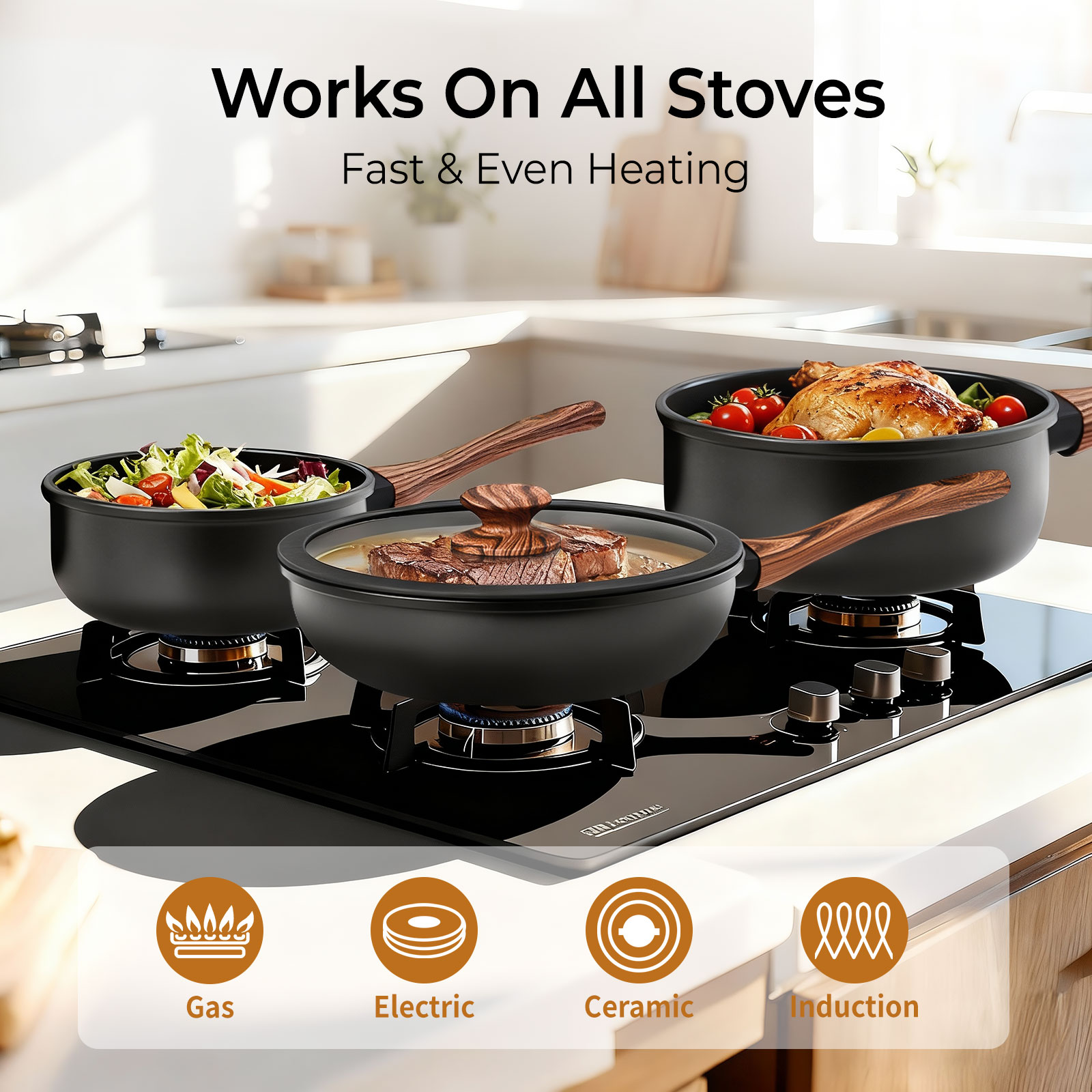 Ktaxon 17pcs Nonstick Cookware Set with Woodgrain Handle, 5 Pots and Pans Set Aluminum Kitchen Cooking Set, Induction Safe, Black