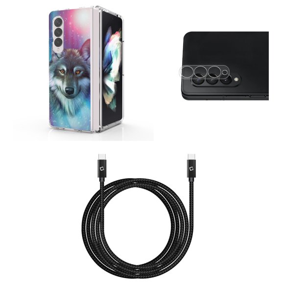Accessory Bundle for Galaxy Z Fold 4: Slim Snap-On Case (Mystic Wolf), Rear Camera Glass Protector, Nylon Braided USB-C to USB-C Cable (4 Feet)
