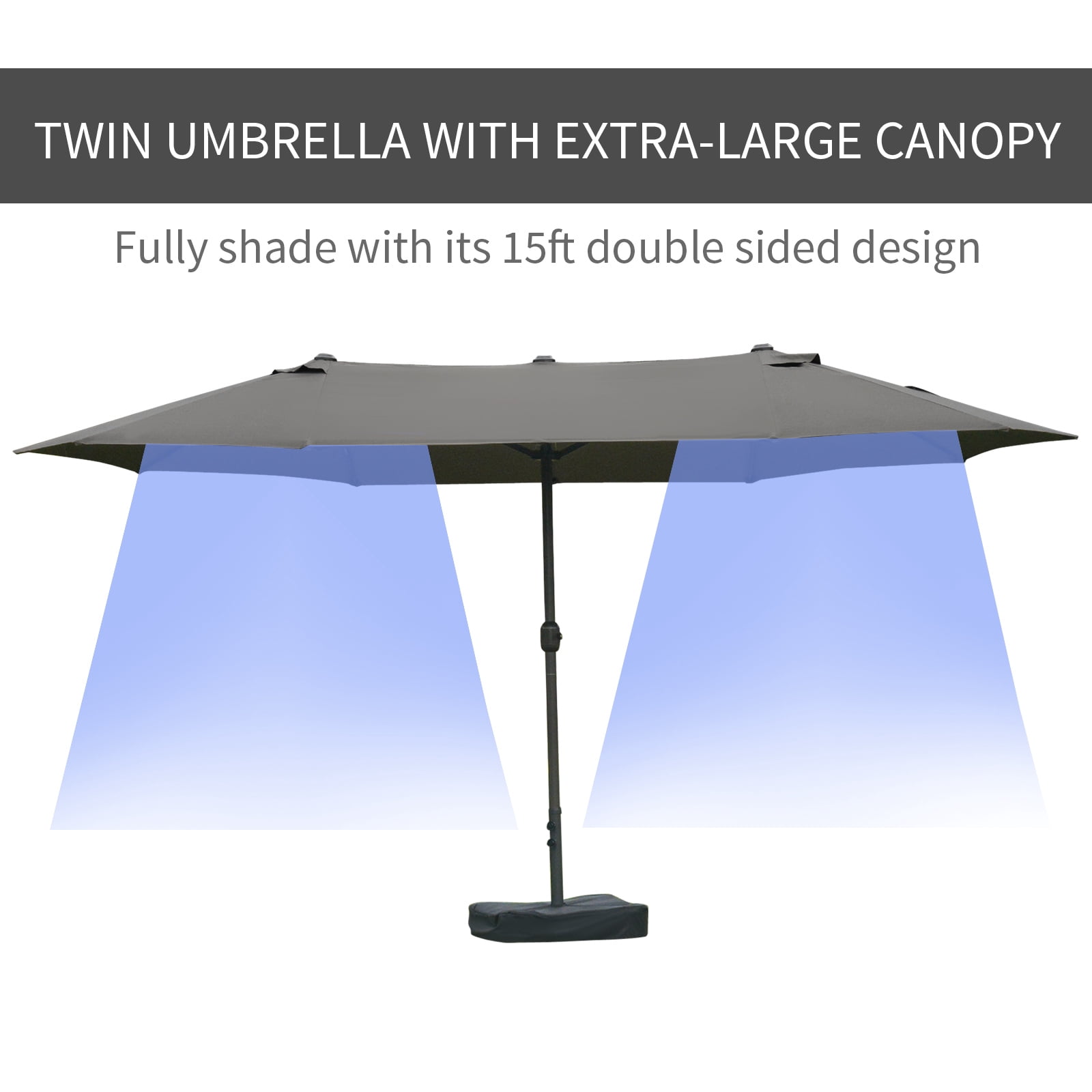 Outsunny Patio Umbrella 15' Steel Rectangular Outdoor Double Sided Market with base, Sun Protection & Easy Crank for Deck Pool Patio, Dark Gray