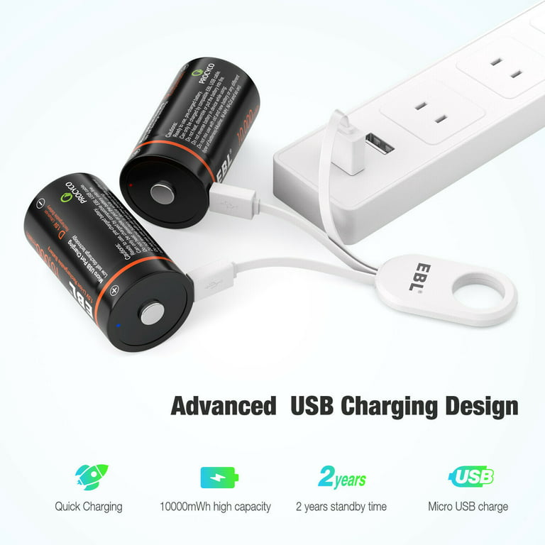 EBL USB Rechargeable D Size Batteries 10000mWh 1.5V Long Lasting D