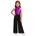 thumbnail image 1 of YiZYiF Kids Girls Halter Hip Hop Jazz Dance Jumpsuit Ruffle Metallic Bodice Mesh Wide Leg Bodysuit Performance Romper Purple 10, 1 of 7