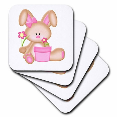 

3dRose Cute Pink and Brown Bunny Rabbit With Flowers Soft Coasters set of 8