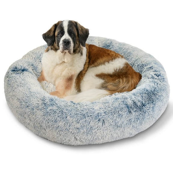 Best Friends by Sheri Original Calming Donut Dog and Cat Bed, Shag Faux Fur, Denim Blue, XL (45x45")