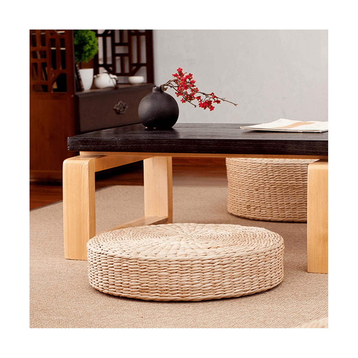 2 Pcs 45cm Yoga Mats Round Pouf Floor Pillow Seat Cushion Straw Thickening Soft Yoga Equipment