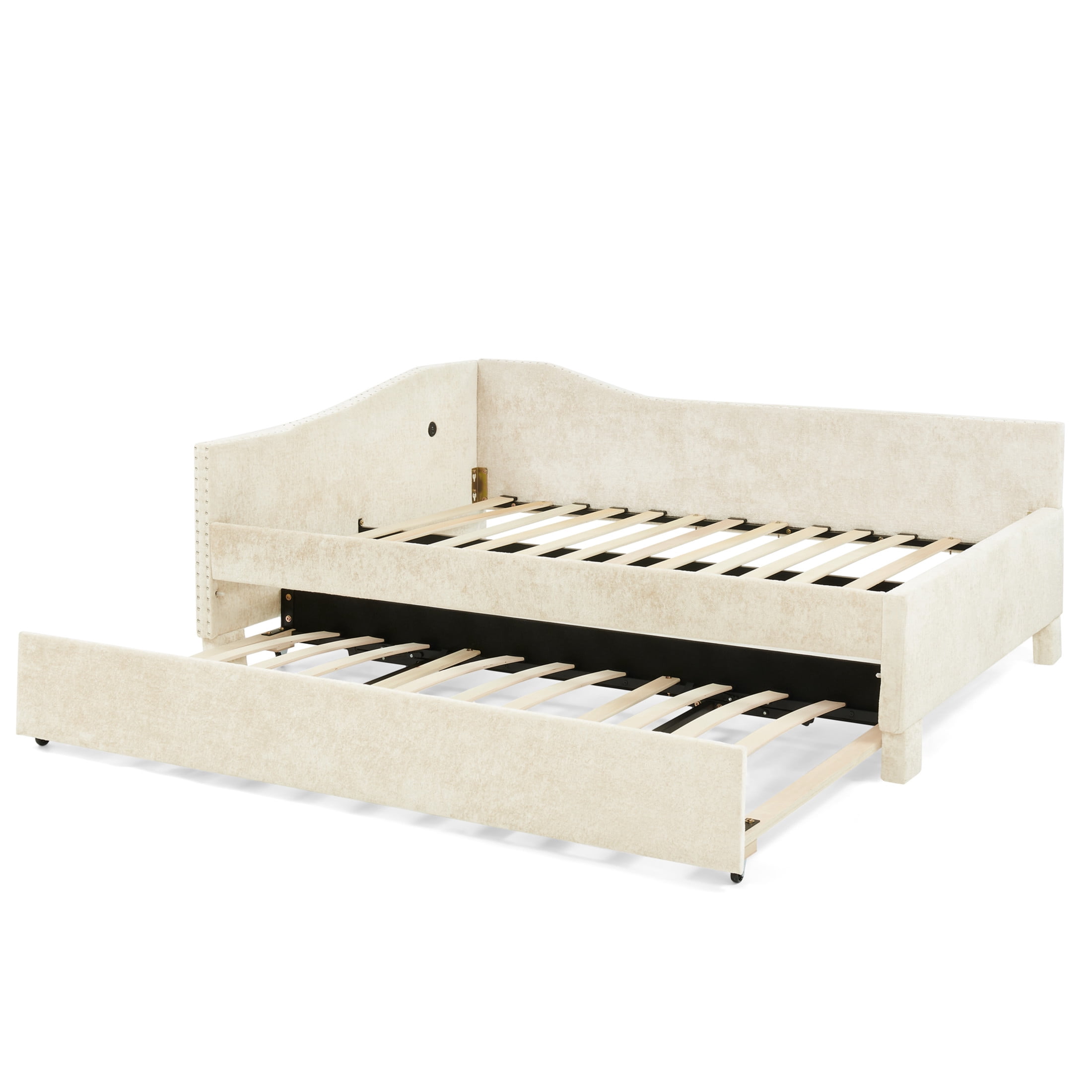 Noble House Phineas Twin Size Chenille Padded Daybed, Sofa Bed Frame with Twin Trundle and Charging Port, Beige