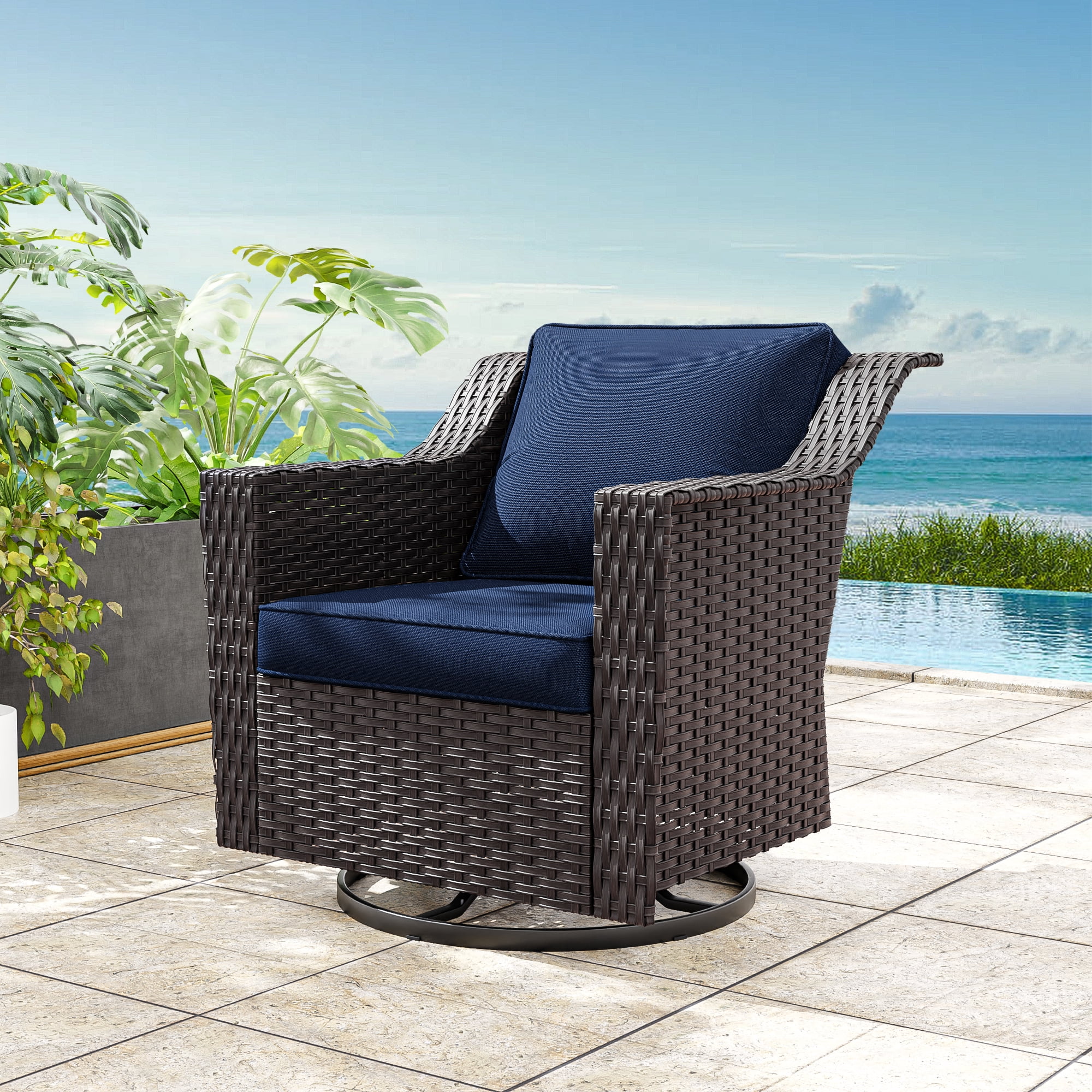 Meetleisure Patio Swivel Wicker Chair, Outdoor Rattan Rocking Chairs with Thickened Cushions for Backyard Porch Deck, Metal Rocking Frame