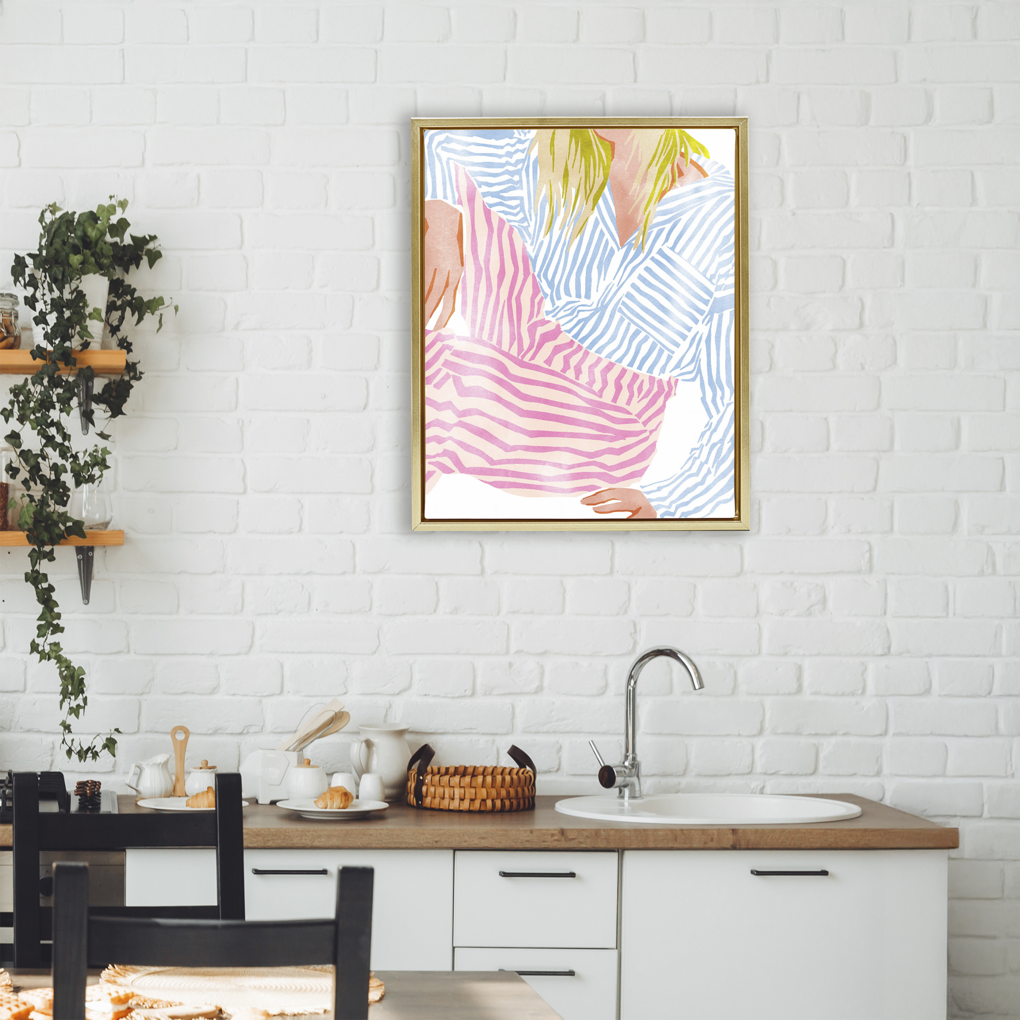 Female in Pastel Stripes Gold Framed Floater Canvas Wall Art, design by Ziwei Li
